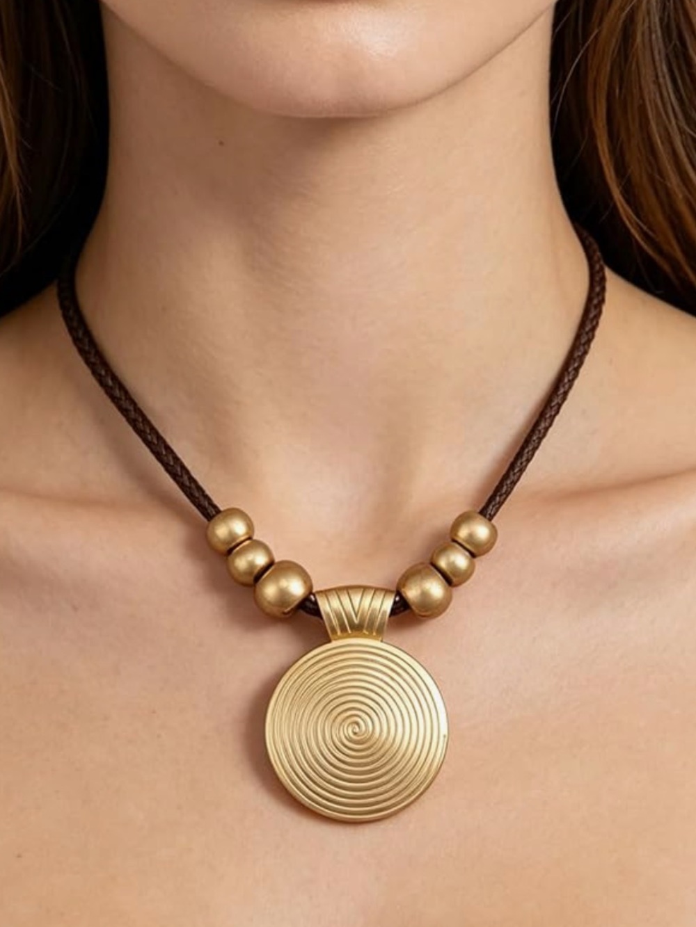 Gold Spiral Pendant on Brown Braided Cord